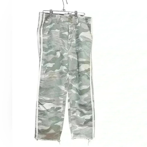 Mother The Shaker Chop Crop Fray Green Camo Stripe Linen Pants Desert Print - Picture 2 of 6